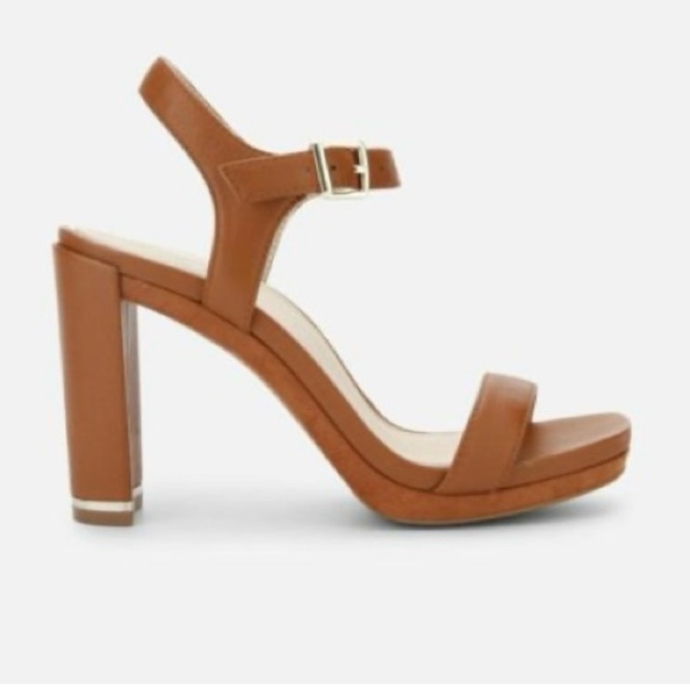 Kenneth Cole Andra Leather Heeled Open Toe Sandal Cognac New